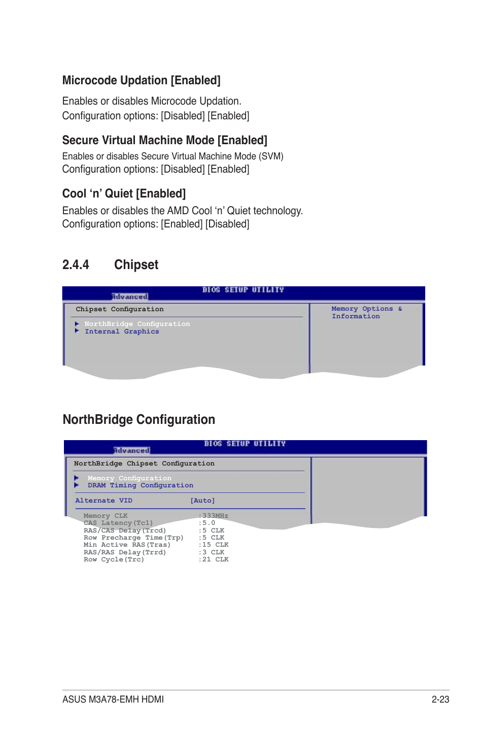 Chipset, Northbridge configuration, Microcode.updation.[enabled | Secure virtual machine mode [enabled, Cool ‘n’ quiet [enabled, Configuration options: [disabled] [enabled | Asus M3A78-EMH HDMI User Manual | Page 75 / 100