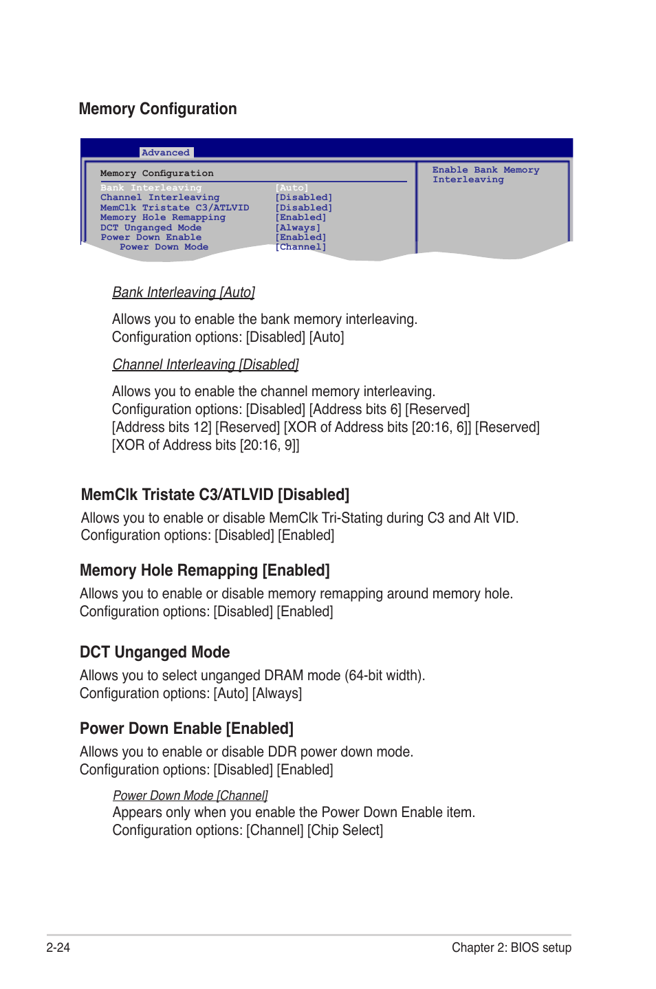 Memclk tristate c3/atlvid [disabled, Dct.unganged.mode, Power.down.enable.[enabled | Asus M3A78-EMH HDMI User Manual | Page 76 / 100