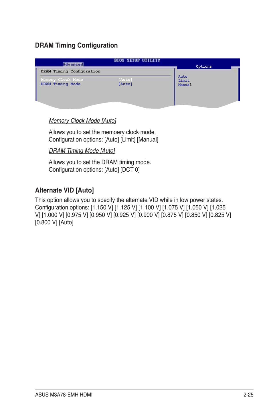 Alternate vid [auto, Dram timing configuration | Asus M3A78-EMH HDMI User Manual | Page 77 / 100