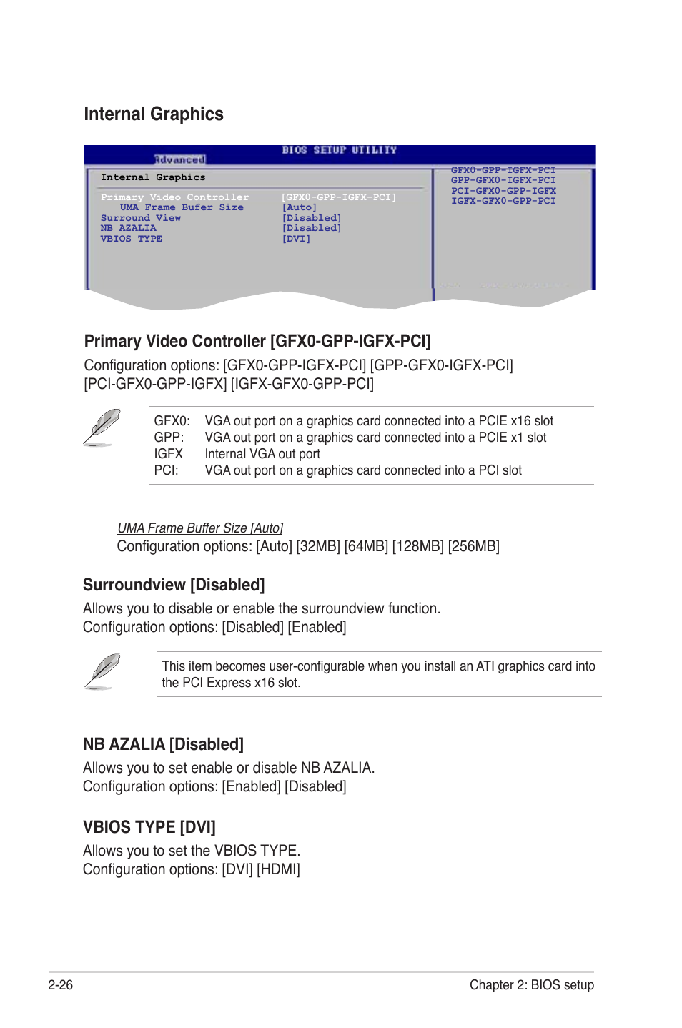 Internal.graphics, Primary video controller [gfx0-gpp-igfx-pci, Surroundview [disabled | Nb.azalia.[disabled, Vbios type [dvi | Asus M3A78-EMH HDMI User Manual | Page 78 / 100