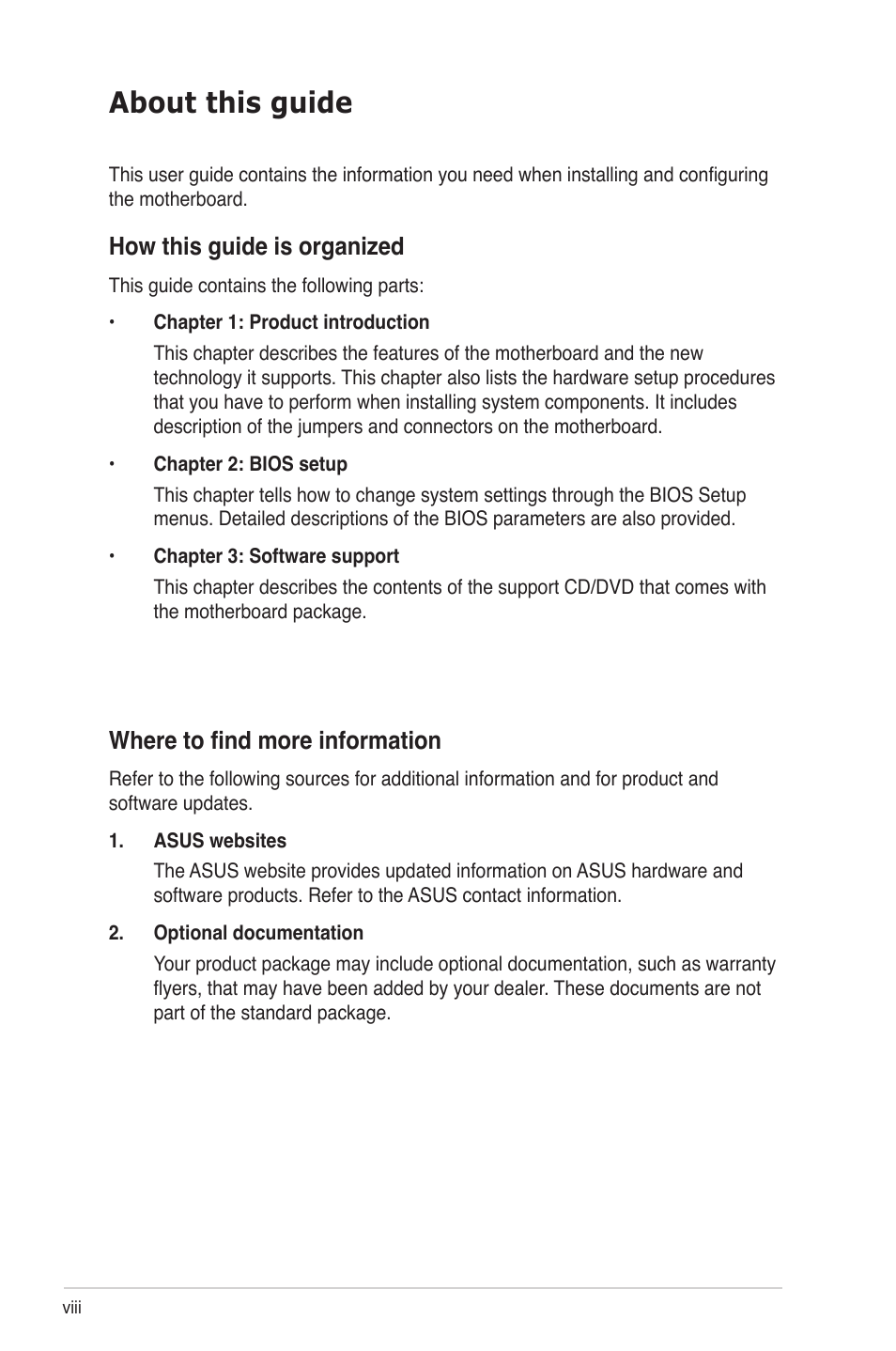 About this guide, How this guide is organized, Where to find more information | Asus M3A78-EMH HDMI User Manual | Page 8 / 100