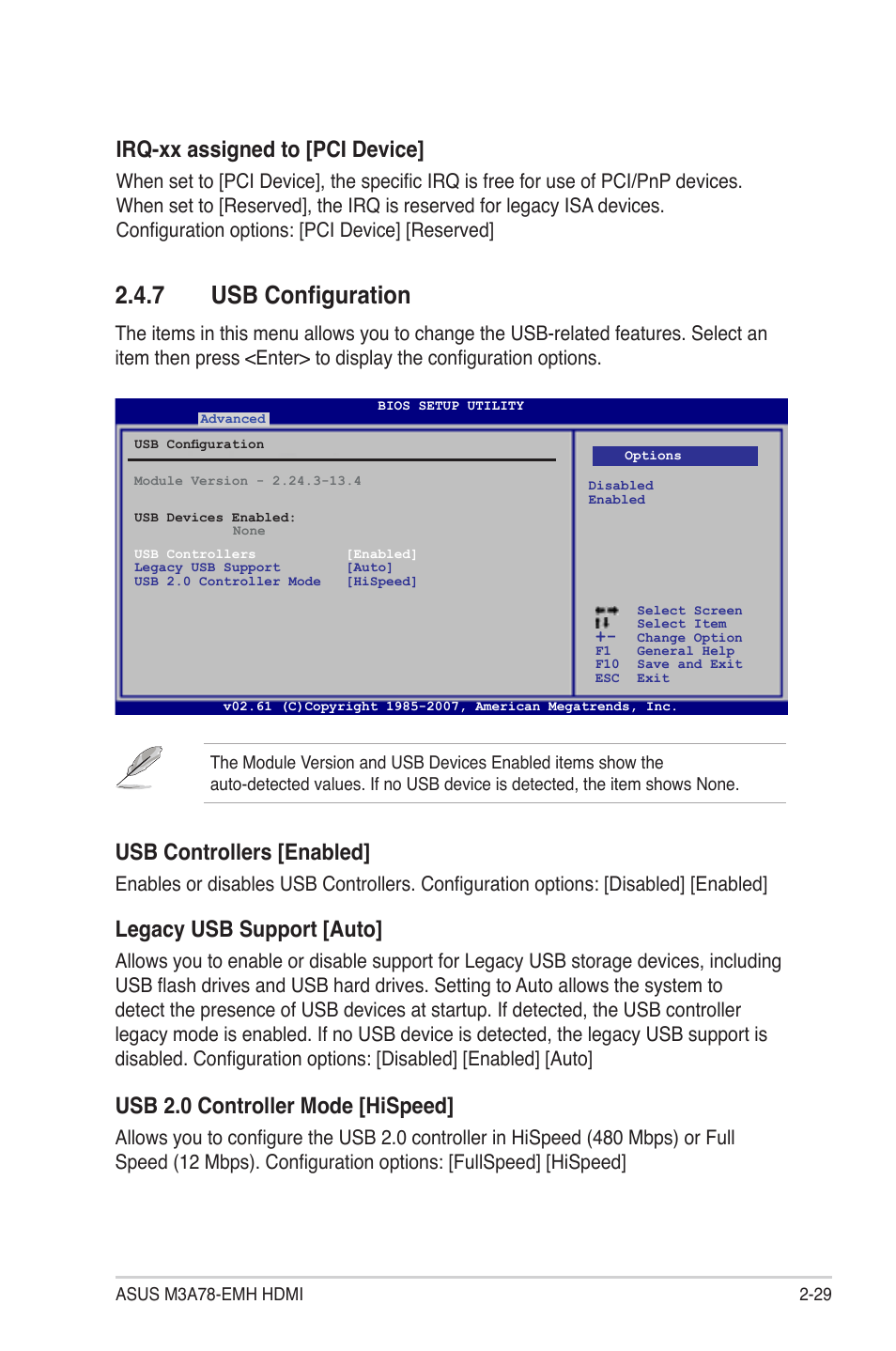 7 usb configuration, Irq-xx assigned to [pci device, Usb.controllers.[enabled | Legacy usb support [auto, Usb.2.0.controller.mode.[hispeed | Asus M3A78-EMH HDMI User Manual | Page 81 / 100