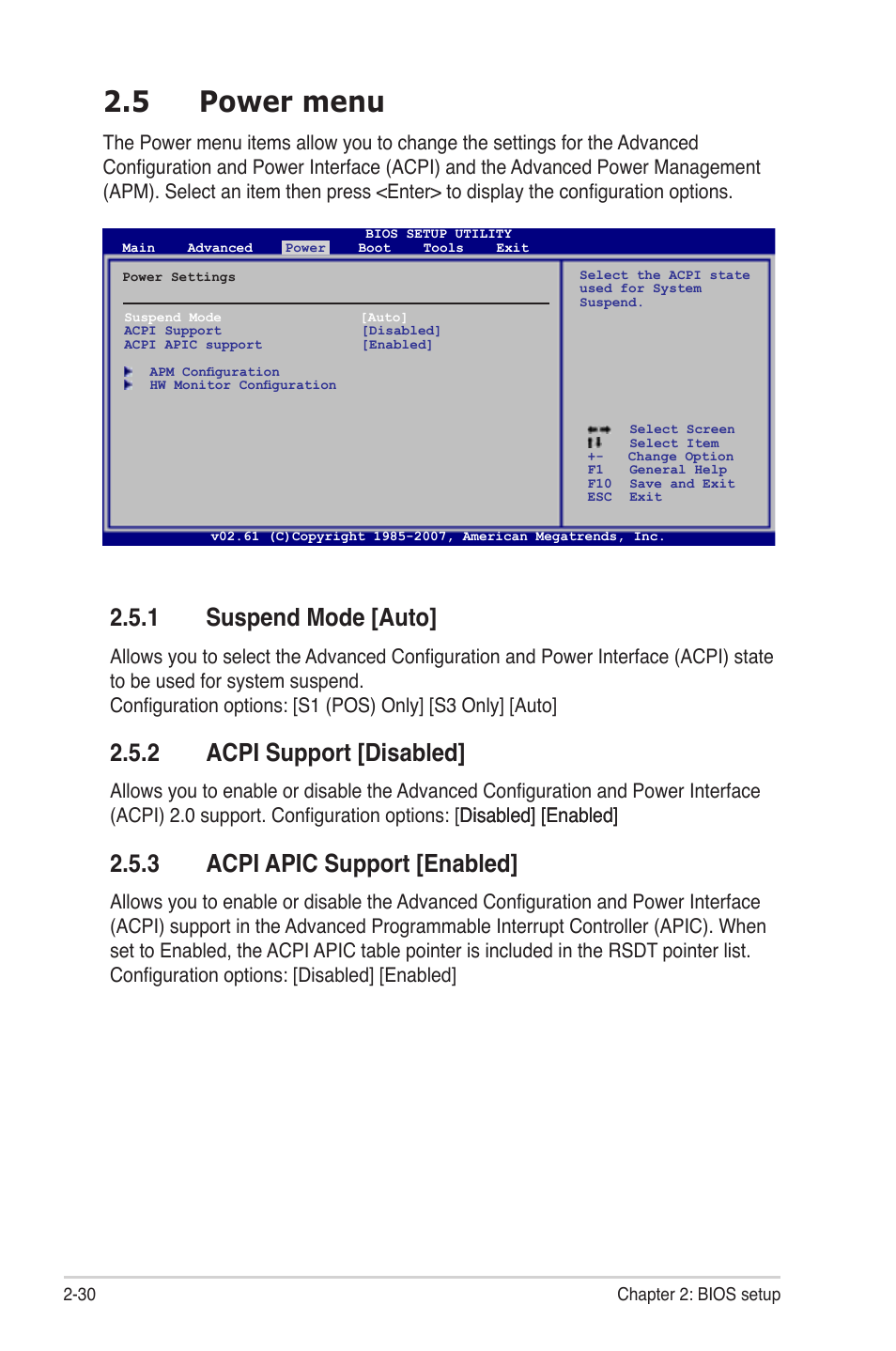 5 power menu, 1 suspend mode [auto, 2 acpi support [disabled | 3 acpi apic support [enabled | Asus M3A78-EMH HDMI User Manual | Page 82 / 100