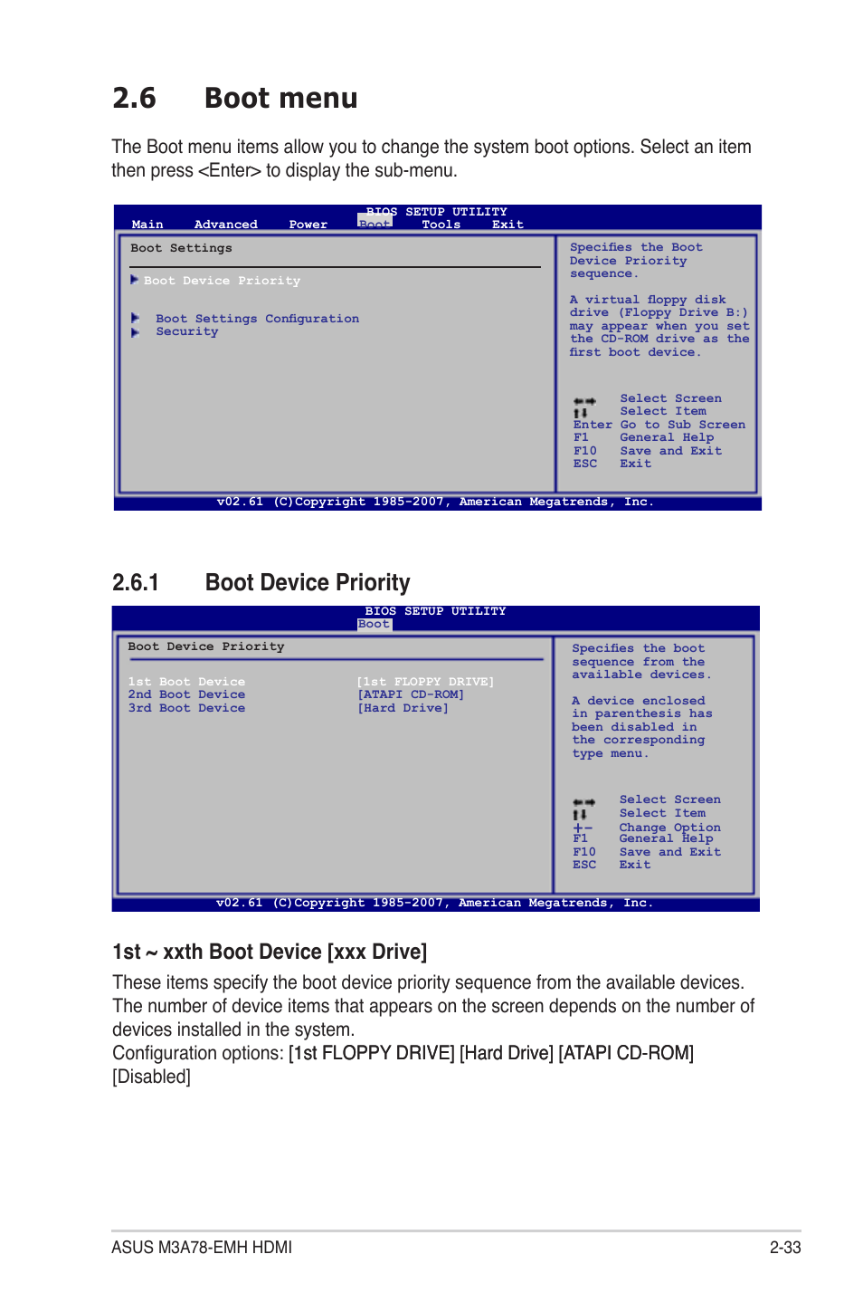 6 boot menu, Boot.device.priority, 1st.~.xxth.boot.device.[xxx.drive | Asus M3A78-EMH HDMI User Manual | Page 85 / 100