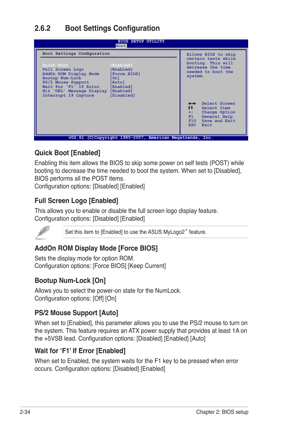 2 boot settings configuration, Quick boot [enabled, Full screen logo [enabled | Addon rom display mode [force bios, Bootup num-lock [on, Ps/2 mouse support [auto, Wait for ‘f1’ if error [enabled | Asus M3A78-EMH HDMI User Manual | Page 86 / 100