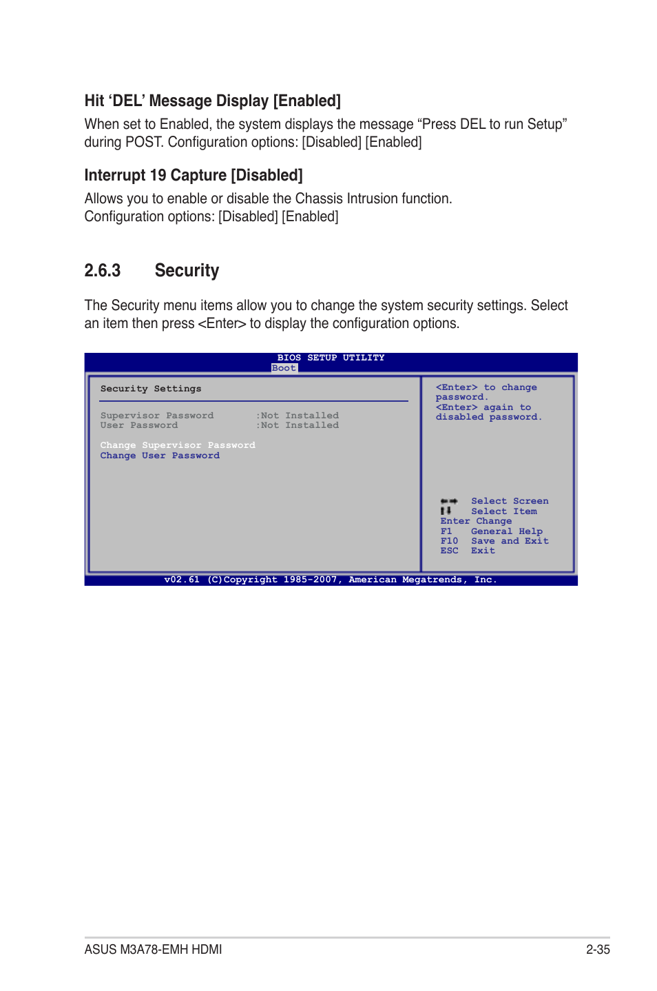 3 security, Hit ‘del’ message display [enabled, Interrupt 19 capture [disabled | Asus M3A78-EMH HDMI User Manual | Page 87 / 100