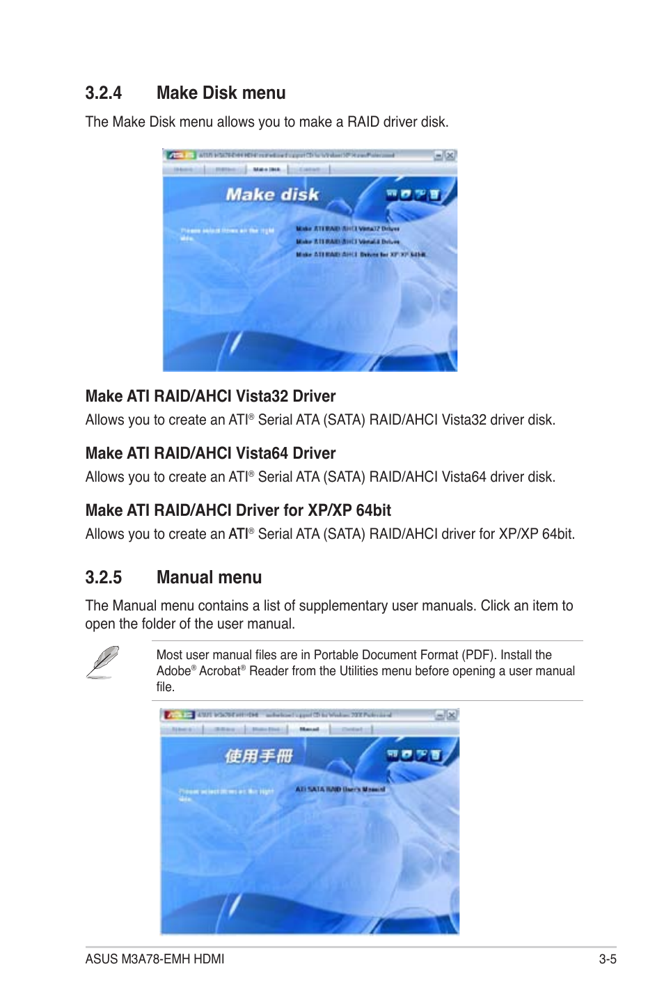 4 make disk menu, 5 manual menu, Make ati raid/ahci vista32 driver | Make ati raid/ahci vista64 driver, Make ati raid/ahci driver for xp/xp 64bit | Asus M3A78-EMH HDMI User Manual | Page 97 / 100