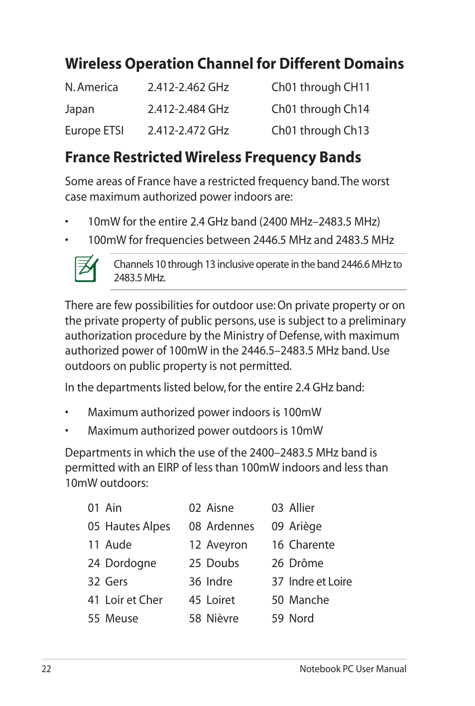 Wireless operation channel for different domains, France restricted wireless frequency bands | Asus K72Dr User Manual | Page 22 / 30