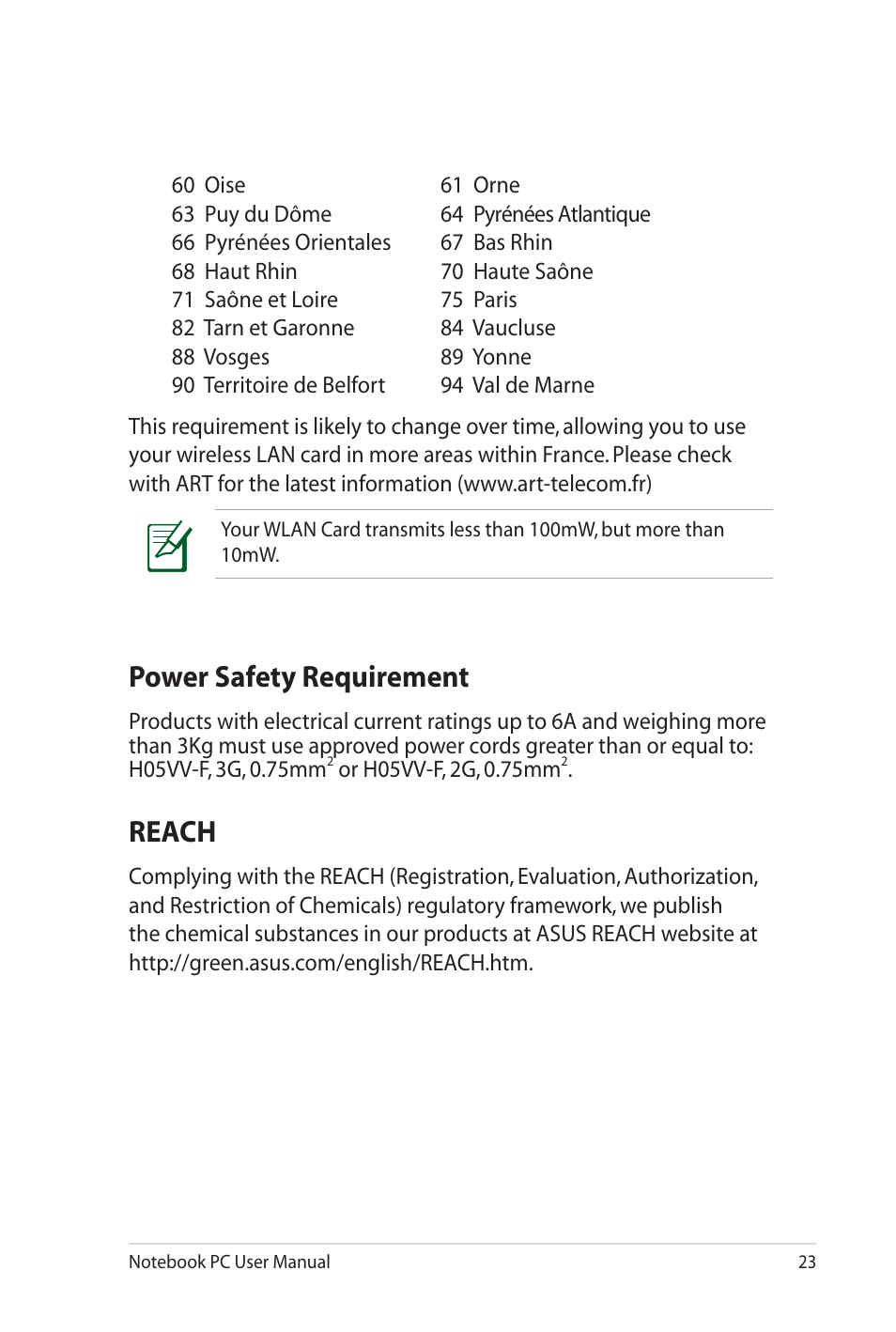 Power safety requirement, Reach, Power safety requirement reach | Asus K72Dr User Manual | Page 23 / 30