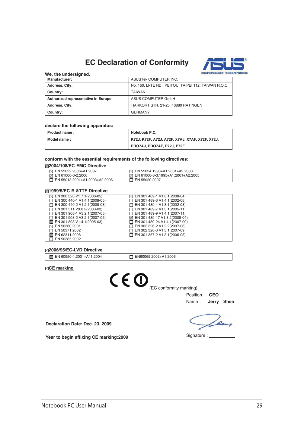 Ec declaration of conformity | Asus K72Dr User Manual | Page 29 / 30