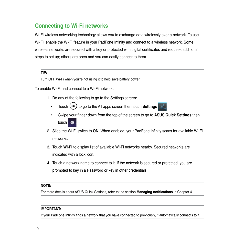 Connecting to wi-fi networks | Asus PadFone Infinity User Manual | Page 10 / 74