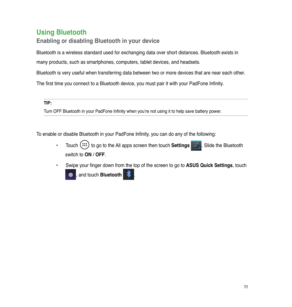 Using bluetooth | Asus PadFone Infinity User Manual | Page 11 / 74