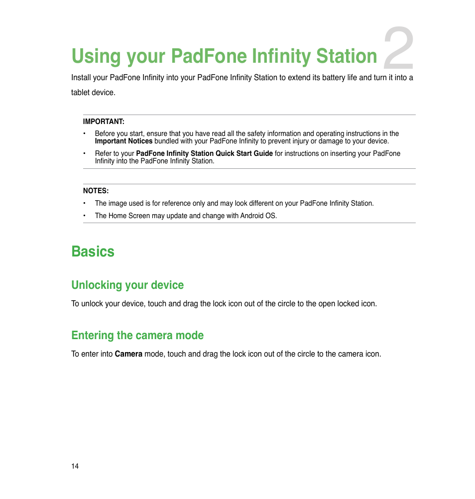 Using your padfone infinity station, Basics, Unlocking your device | Entering the camera mode | Asus PadFone Infinity User Manual | Page 14 / 74