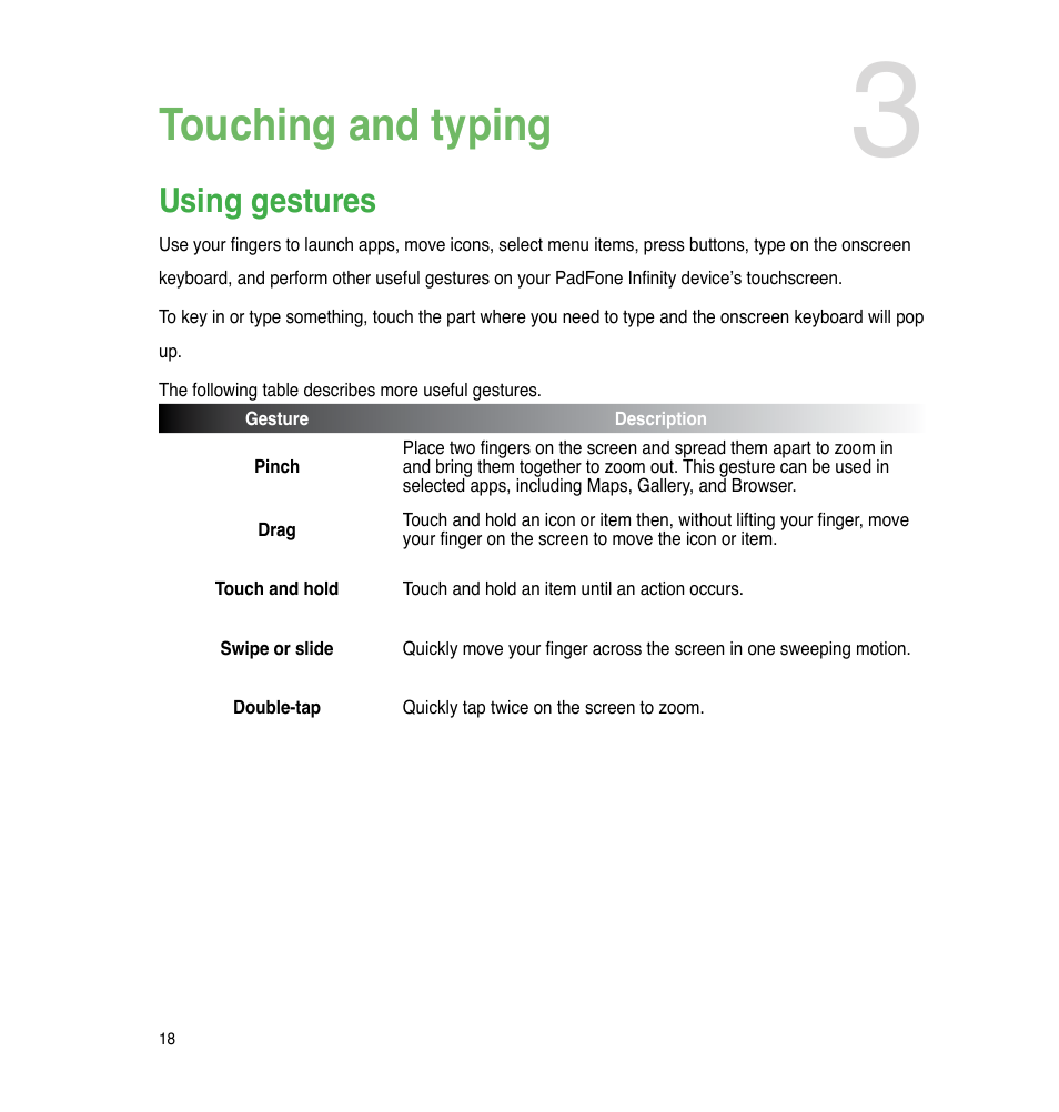 Touching and typing, Using gestures | Asus PadFone Infinity User Manual | Page 18 / 74