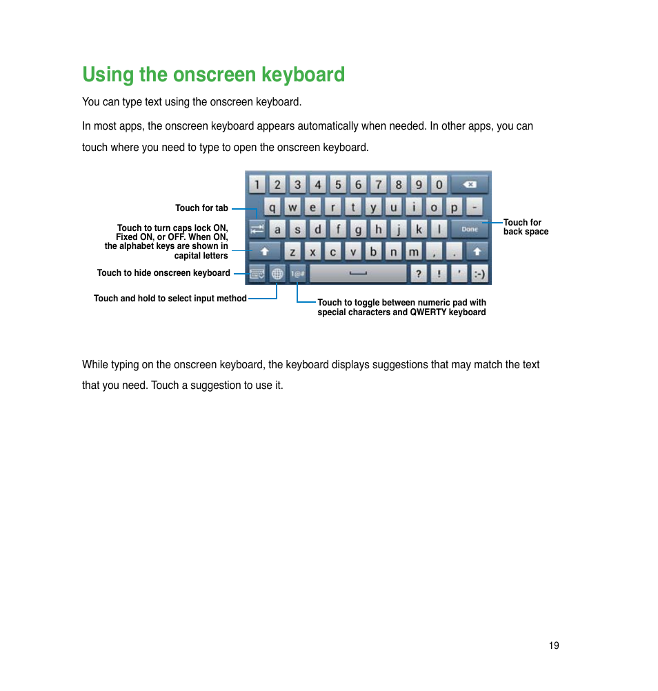 Using the onscreen keyboard | Asus PadFone Infinity User Manual | Page 19 / 74
