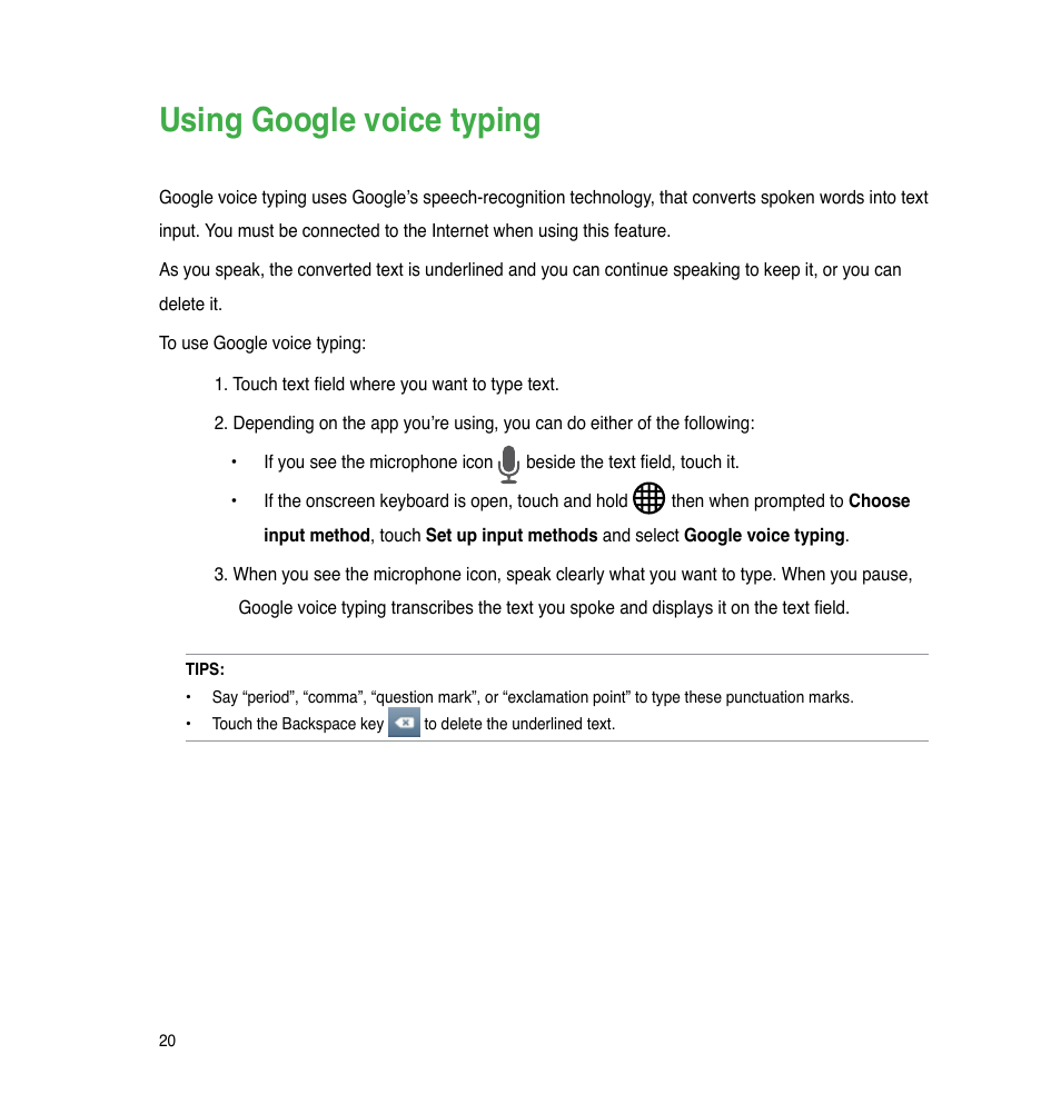 Using google voice typing | Asus PadFone Infinity User Manual | Page 20 / 74