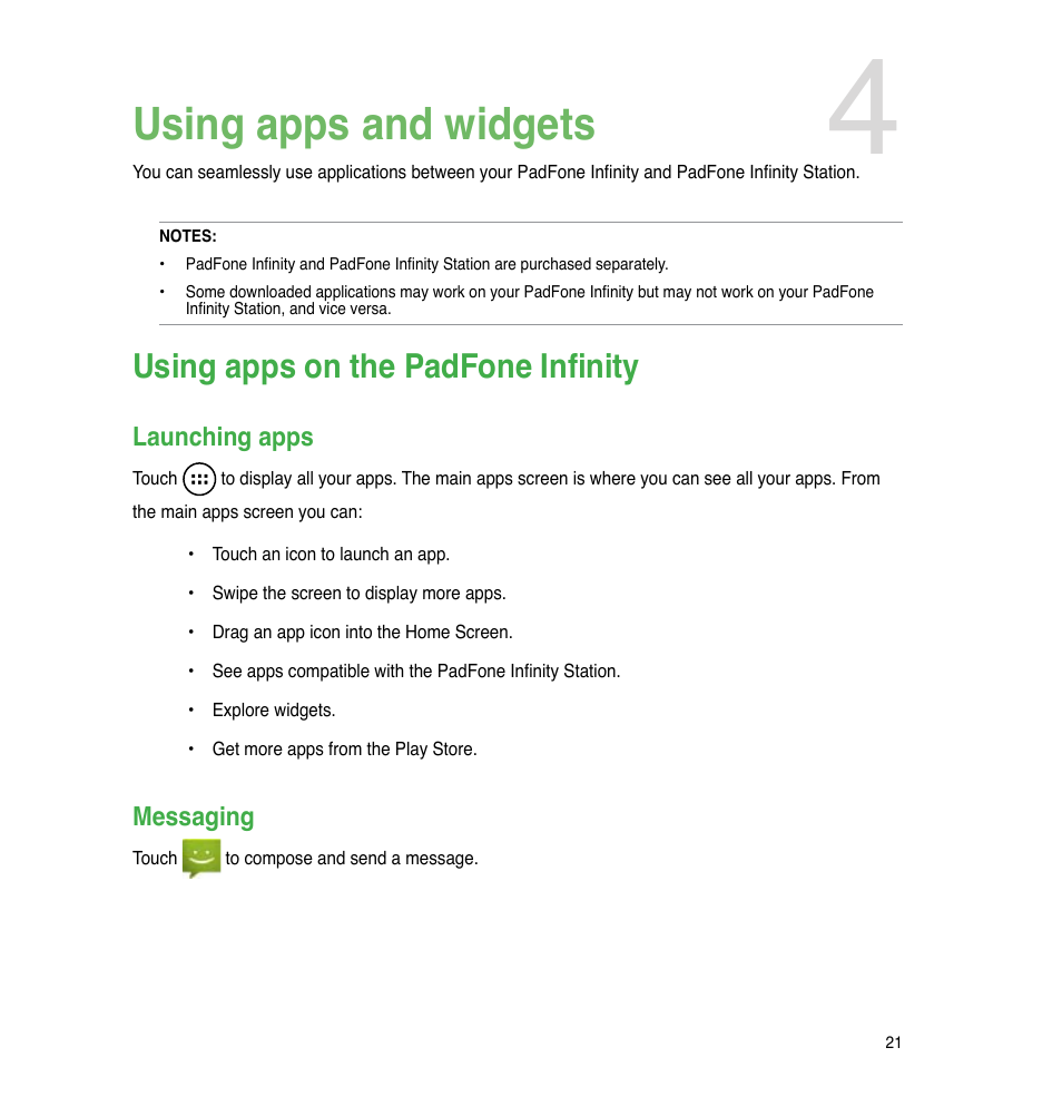 Using apps and widgets, Using apps on the padfone infinity, Launching apps | Messaging | Asus PadFone Infinity User Manual | Page 21 / 74