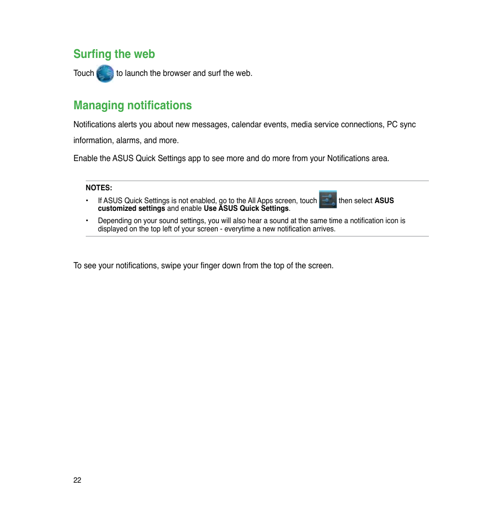 Surfing the web, Managing notifications | Asus PadFone Infinity User Manual | Page 22 / 74