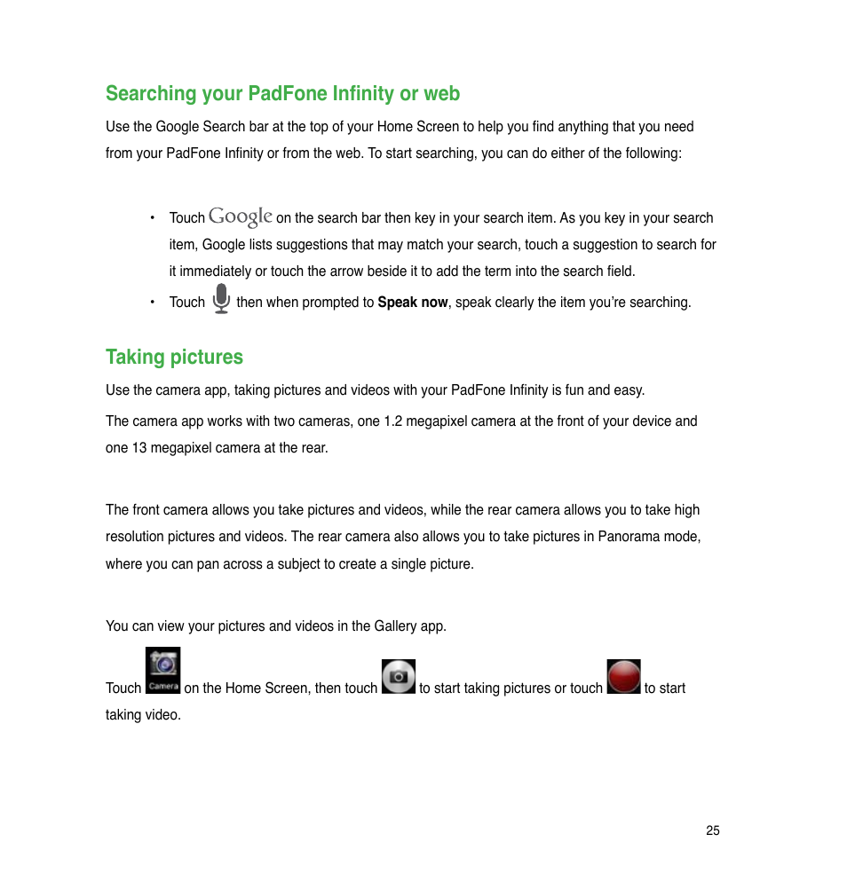 Searching your padfone infinity or web, Taking pictures | Asus PadFone Infinity User Manual | Page 25 / 74