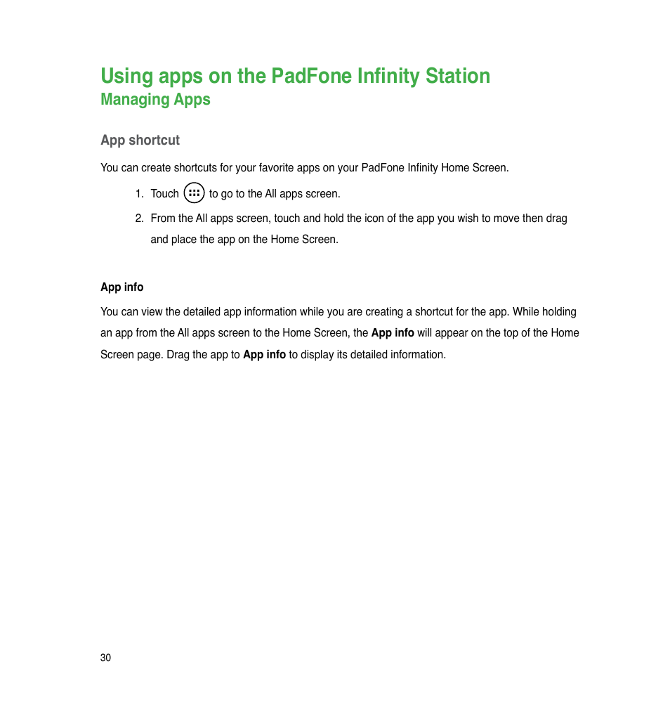 Using apps on the padfone infinity station, Managing apps | Asus PadFone Infinity User Manual | Page 30 / 74