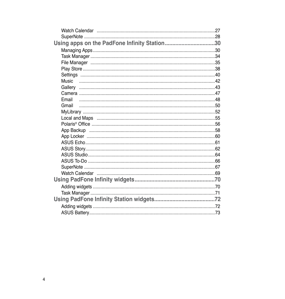 Using apps on the padfone infinity station, Using padfone infinity widgets, Using padfone infinity station widgets | Asus PadFone Infinity User Manual | Page 4 / 74