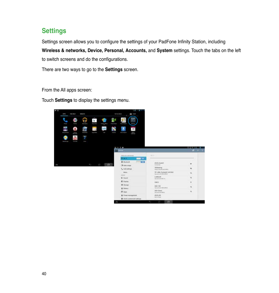 Settings | Asus PadFone Infinity User Manual | Page 40 / 74