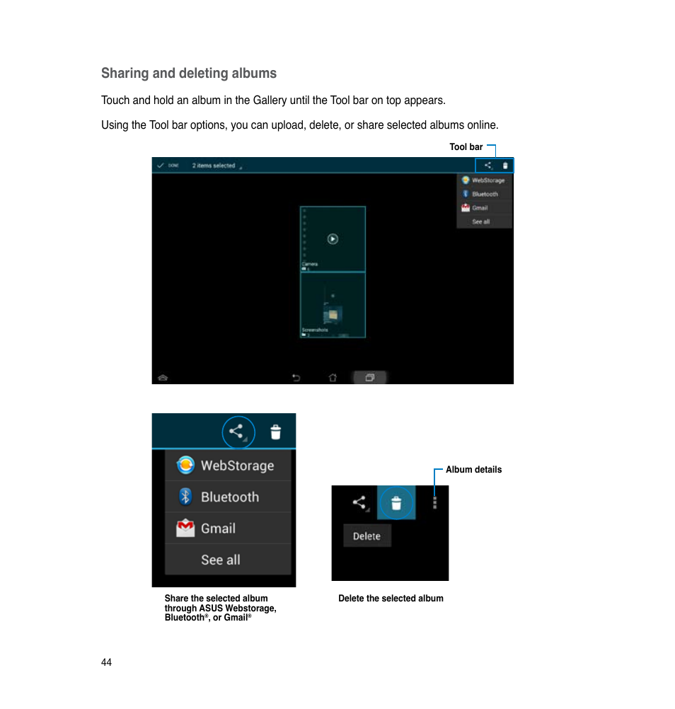 Sharing and deleting albums | Asus PadFone Infinity User Manual | Page 44 / 74