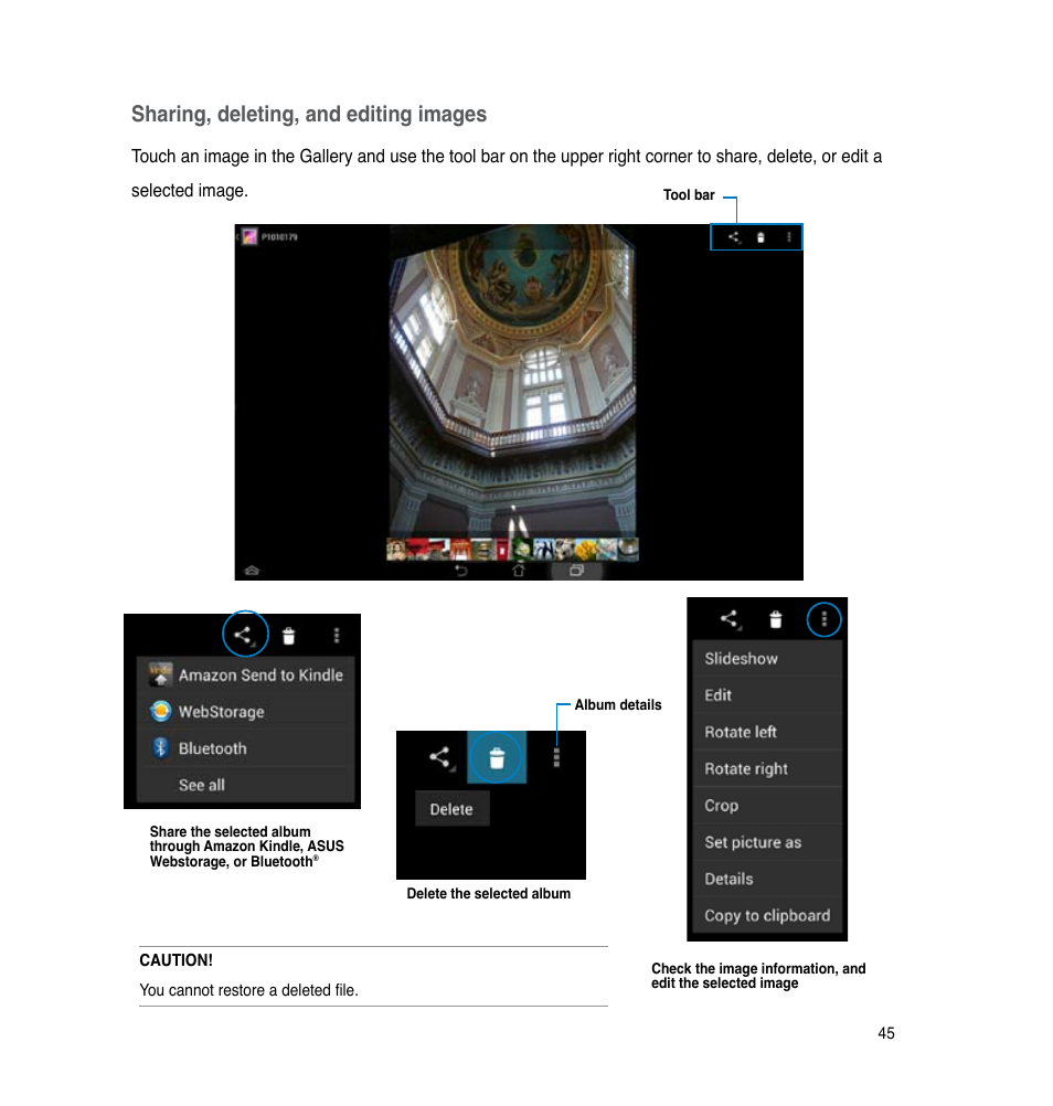 Sharing, deleting, and editing images | Asus PadFone Infinity User Manual | Page 45 / 74