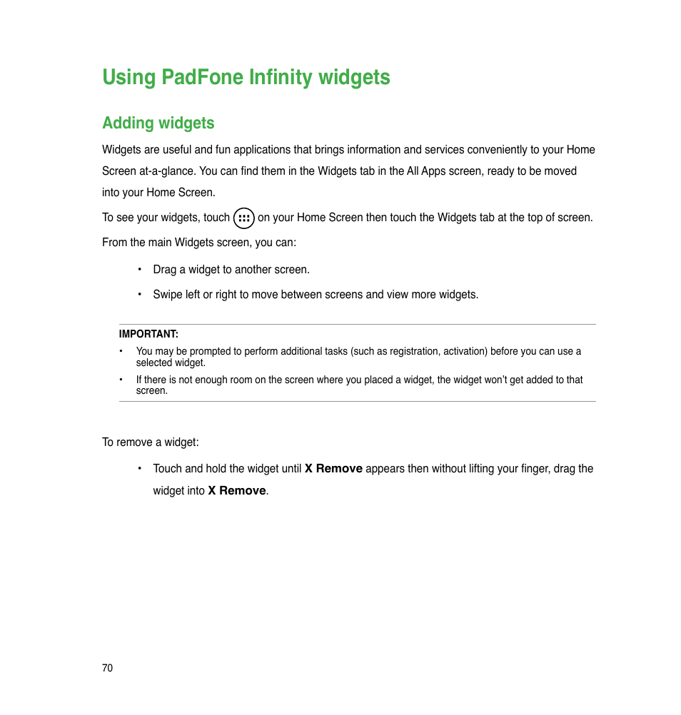 Using padfone infinity widgets, Adding widgets | Asus PadFone Infinity User Manual | Page 70 / 74