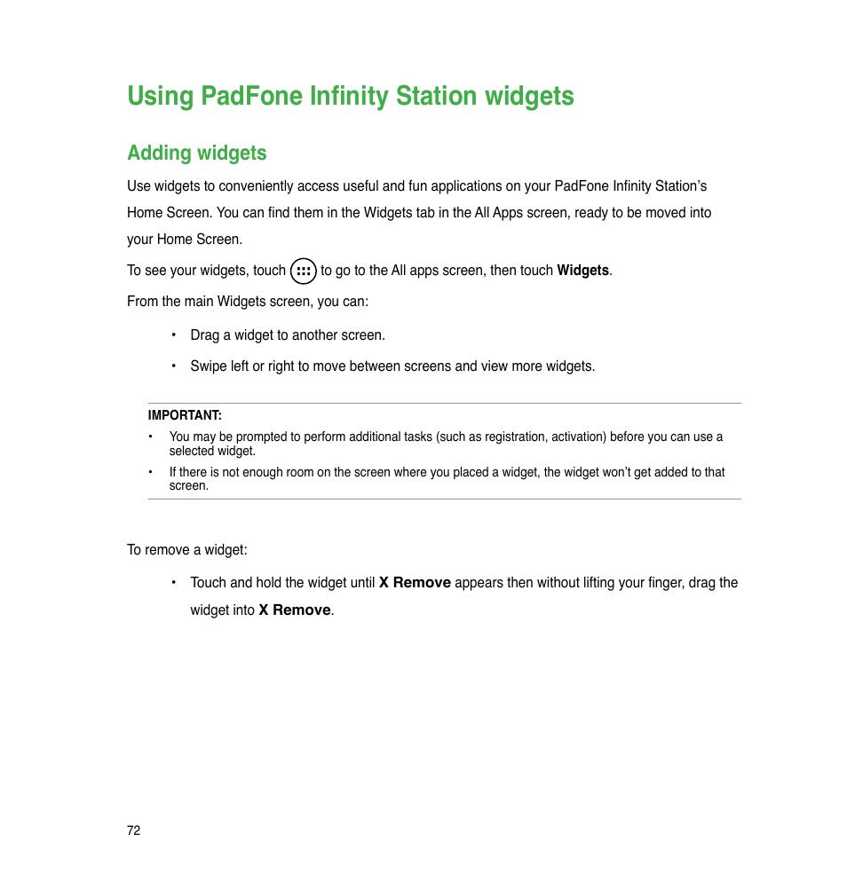 Using padfone infinity station widgets, Adding widgets | Asus PadFone Infinity User Manual | Page 72 / 74