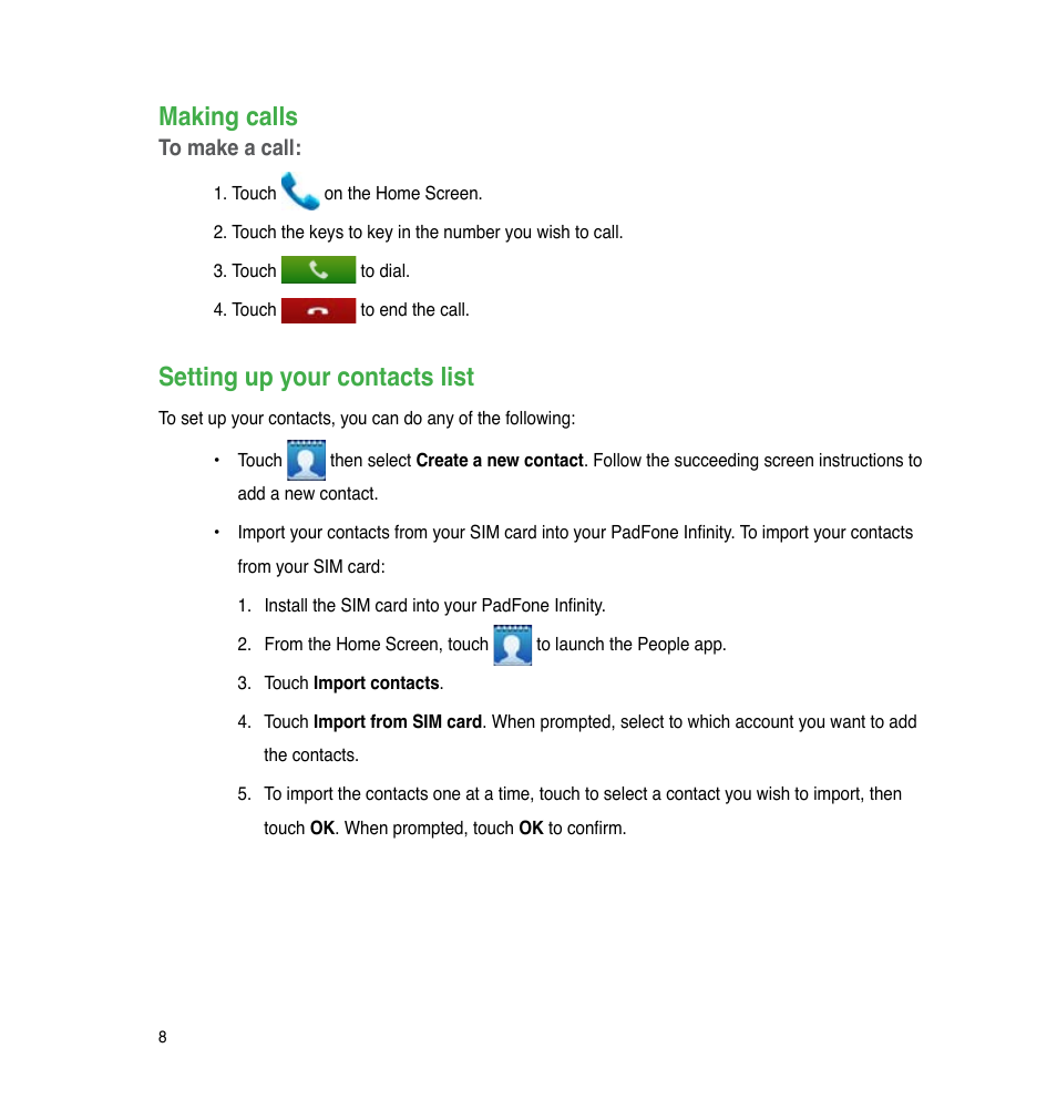 Making calls, Setting up your contacts list | Asus PadFone Infinity User Manual | Page 8 / 74