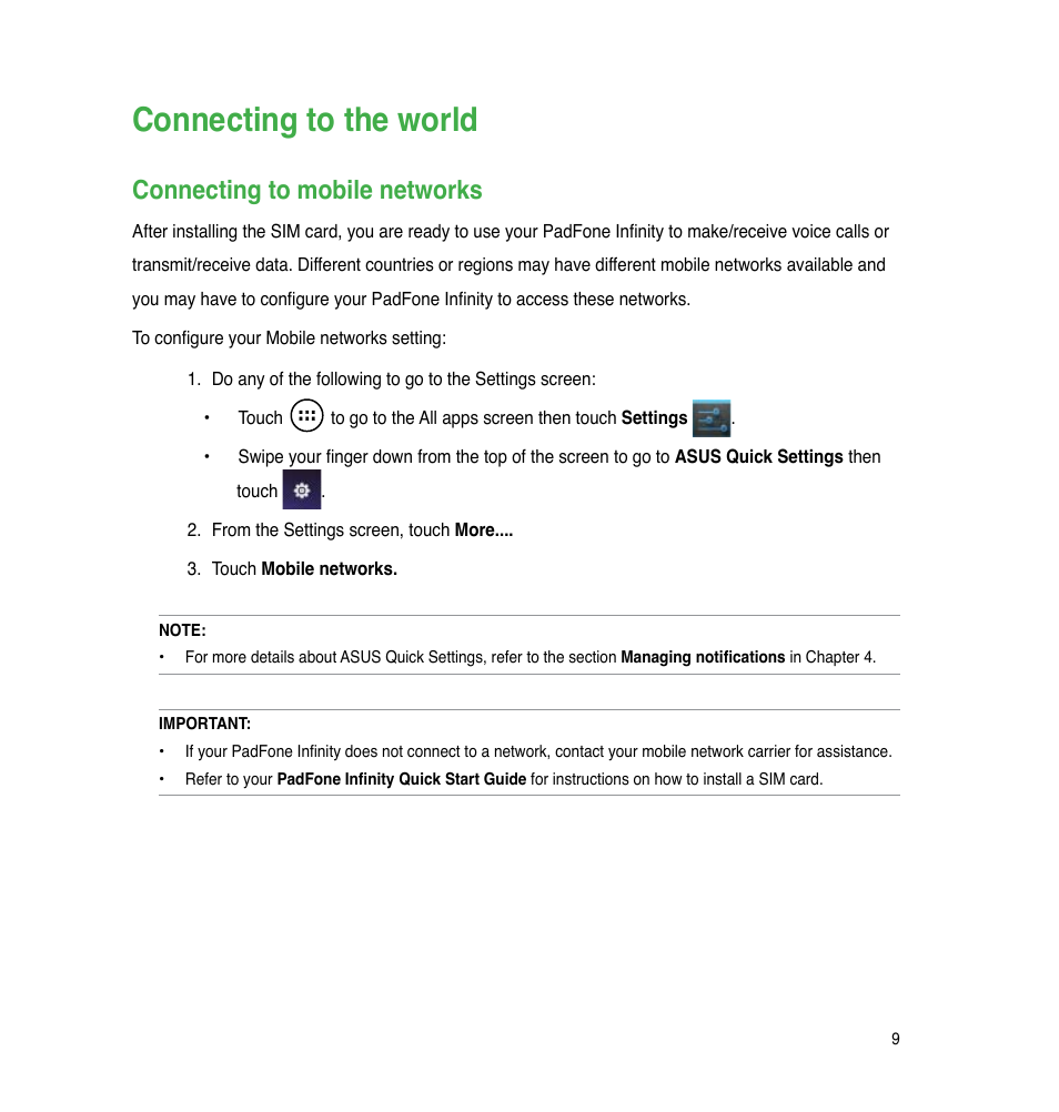 Connecting to the world, Connecting to mobile networks | Asus PadFone Infinity User Manual | Page 9 / 74