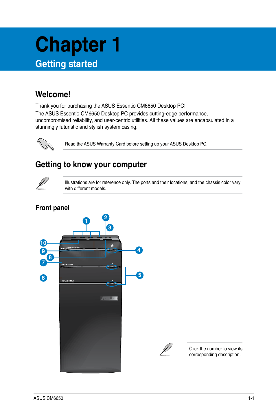 Chapter 1, Getting started, Welcome | Getting to know your computer, Welcome! -1 getting to know your computer -1 | Asus CM6650 User Manual | Page 11 / 252