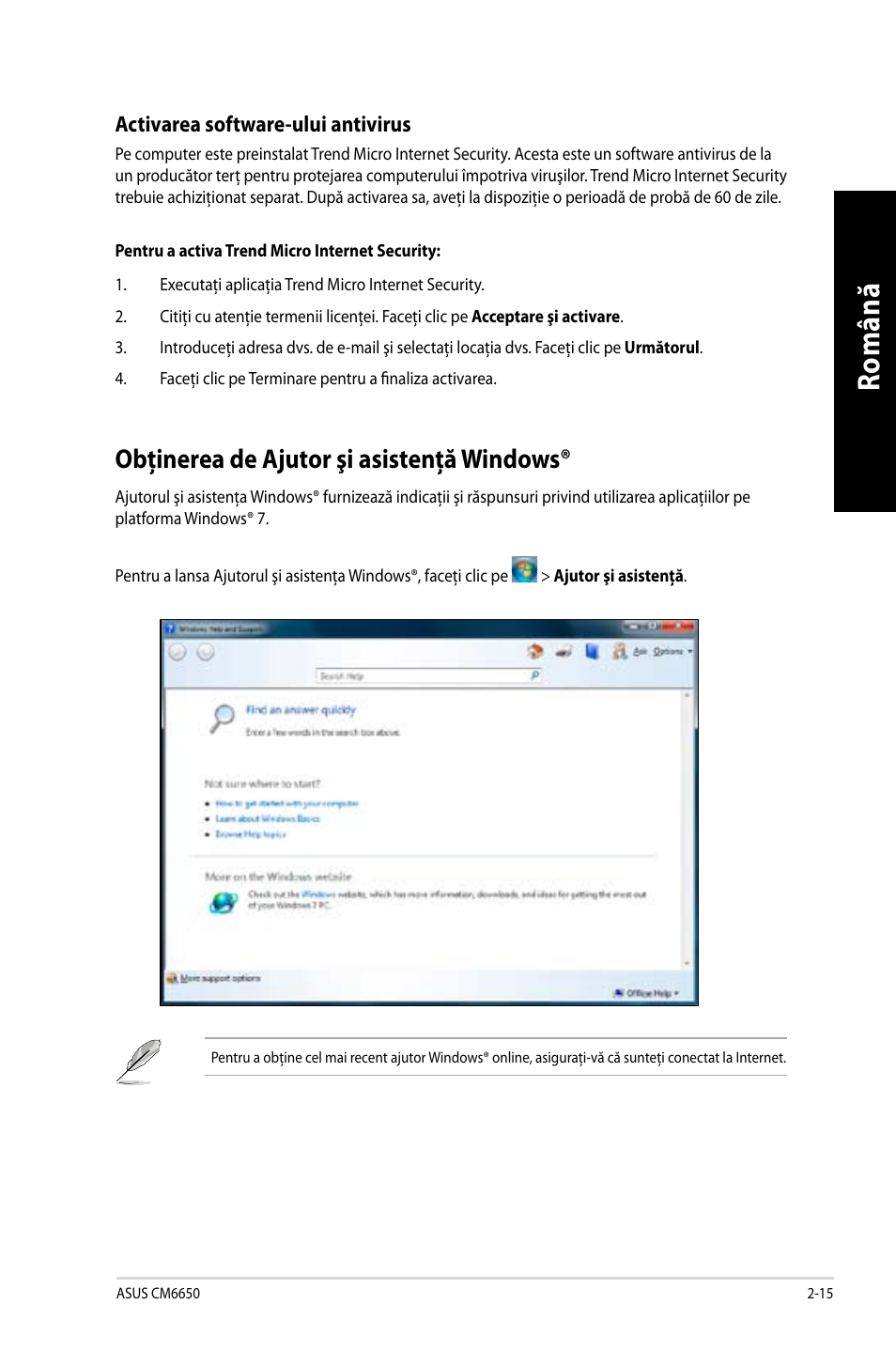 Obţinerea de ajutor şi asistenţă windows, Obţinerea de ajutor şi asistenţă windows® -15, Ro m ân ă ro m ân ă | Asus CM6650 User Manual | Page 117 / 252