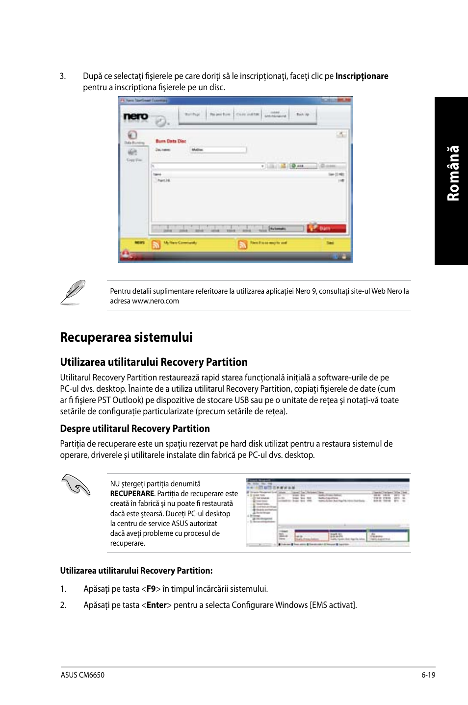 Recuperarea sistemului, Recuperarea sistemului -19, Ro m ân ă ro m ân ă ro m ân ă ro m ân ă | Asus CM6650 User Manual | Page 159 / 252