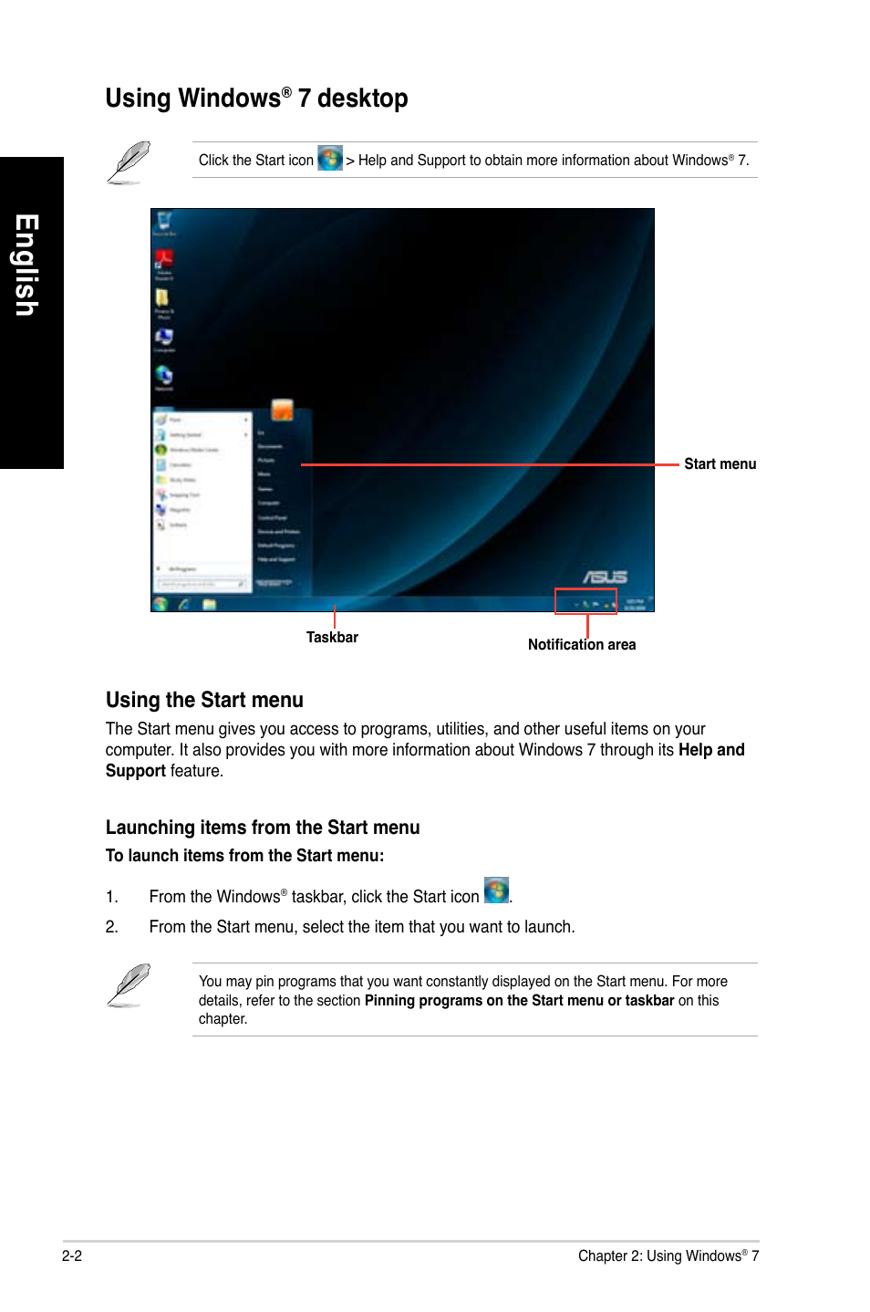 Using windows® 7 desktop, Using windows, 7 desktop -2 | En glis h en gl is h en glis h en gl is h, 7 desktop | Asus CM6650 User Manual | Page 20 / 252