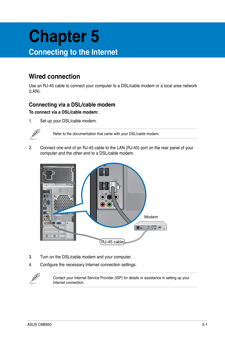 Chapter 5, Connecting to the internet, Wired connection | Wired connection -1 | Asus CM6650 User Manual | Page 51 / 252