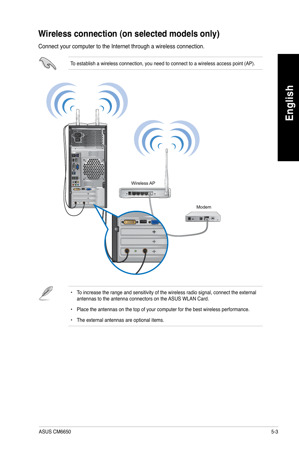 Wireless connection (on selected models only), Wireless connection (on selected models only) -3, En glis h en gl is h | Asus CM6650 User Manual | Page 53 / 252