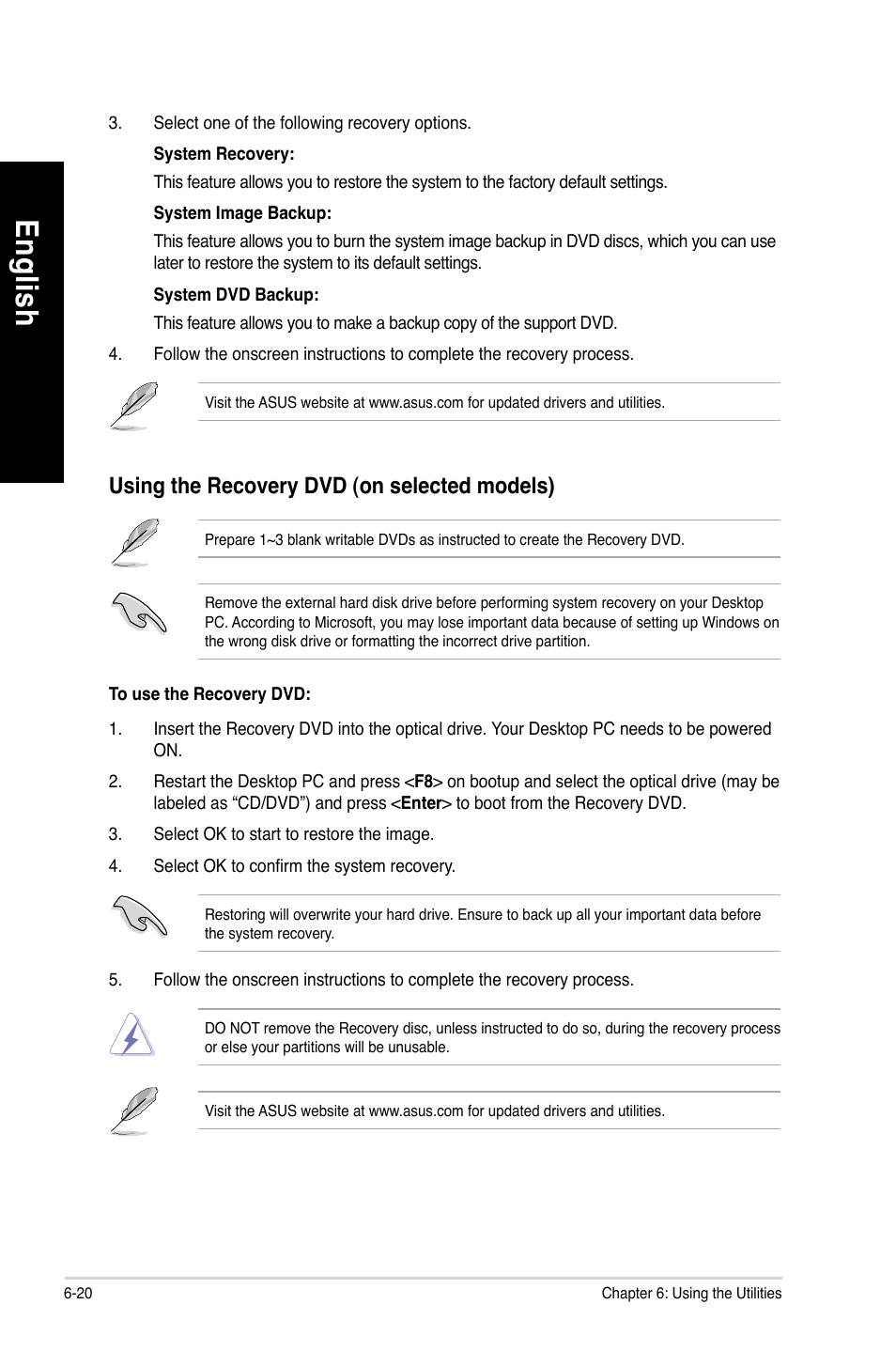 En glis h en gl is h, Using the recovery dvd (on selected models) | Asus CM6650 User Manual | Page 76 / 252