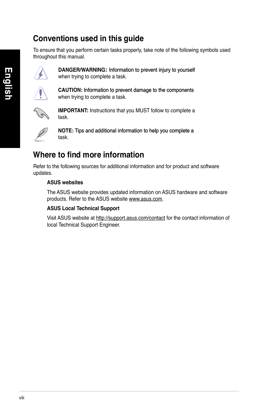 Conventions used in this guide, Where to find more information, En glis h en gl is h en glis h en gl is h | Asus CM6650 User Manual | Page 8 / 252