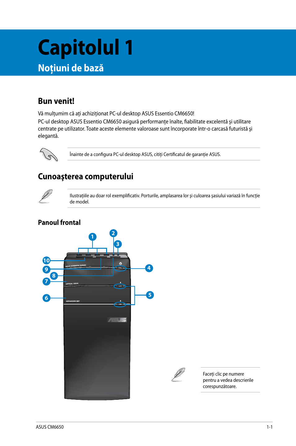 Capitolul 1, Noţiuni de bază, Bun venit | Cunoaşterea computerului, Bun venit! -1 cunoaşterea computerului -1 | Asus CM6650 User Manual | Page 95 / 252