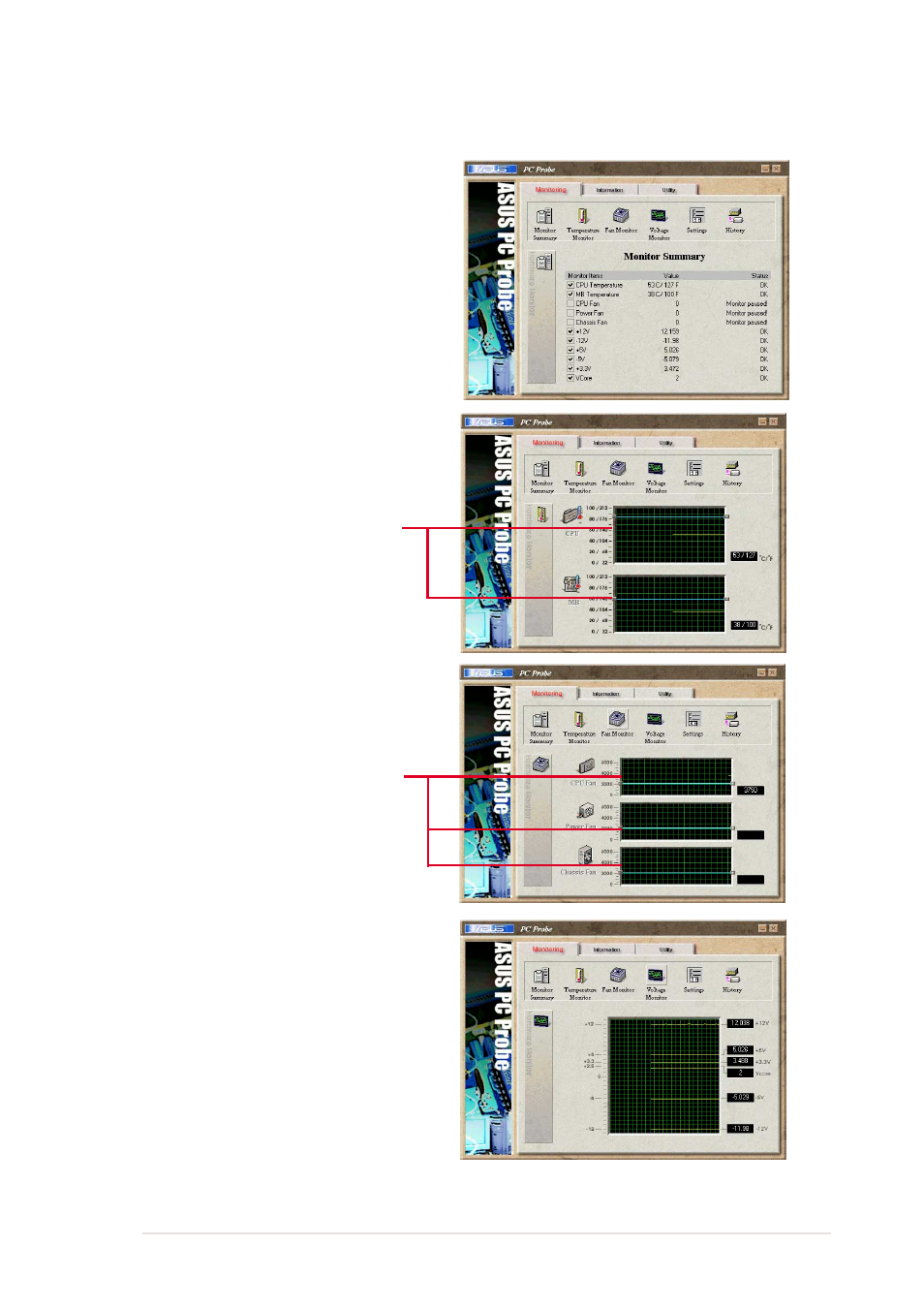 2 using asus pc probe, Monitoring | Asus P4S133 User Manual | Page 101 / 124