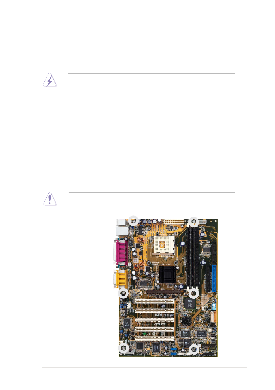 1 motherboard installation, 1 placement direction, 2 screw holes | Asus P4S133 User Manual | Page 19 / 124