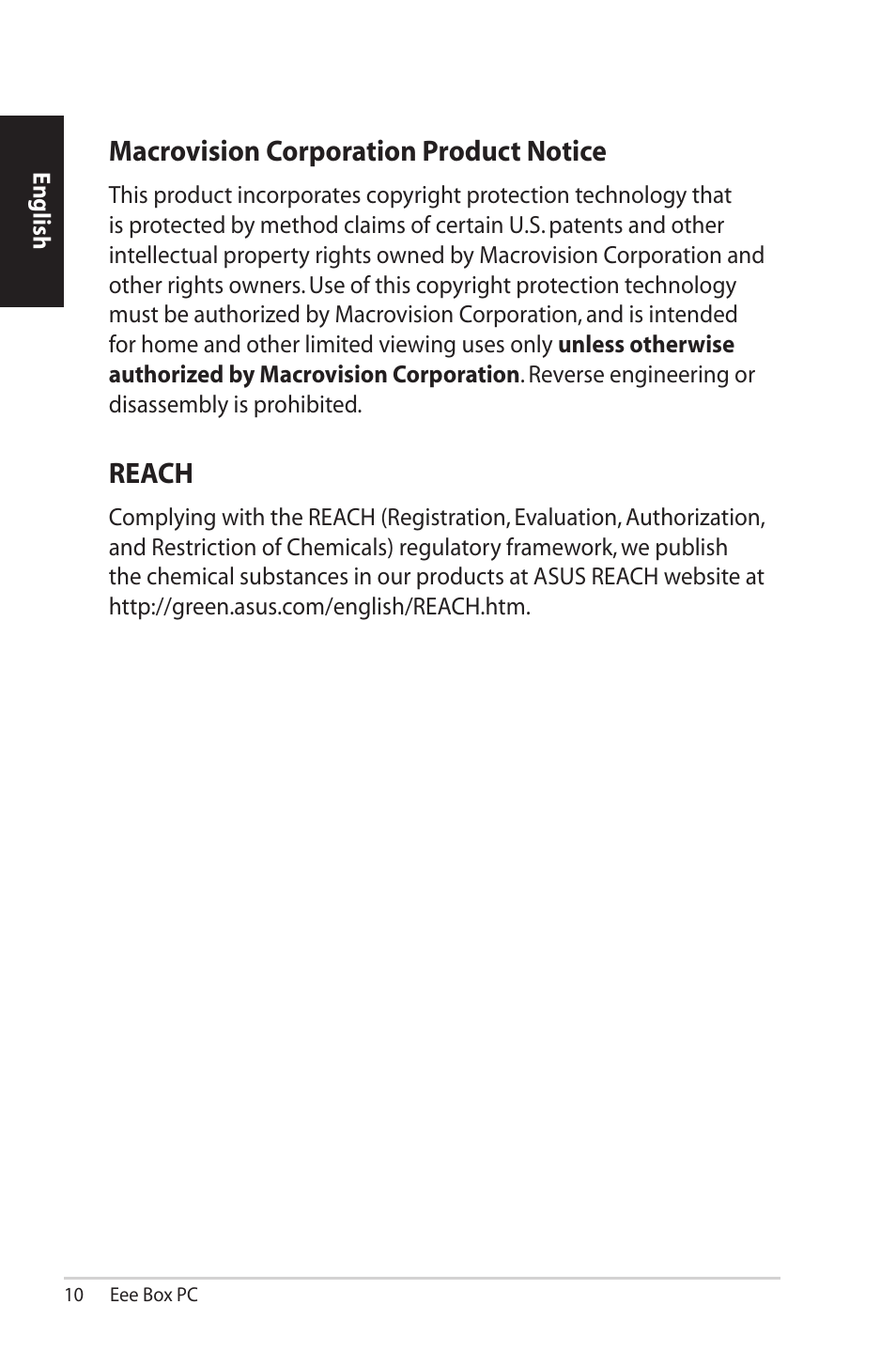 Macrovision corporation product notice, Reach | Asus EB1012U User Manual | Page 10 / 325