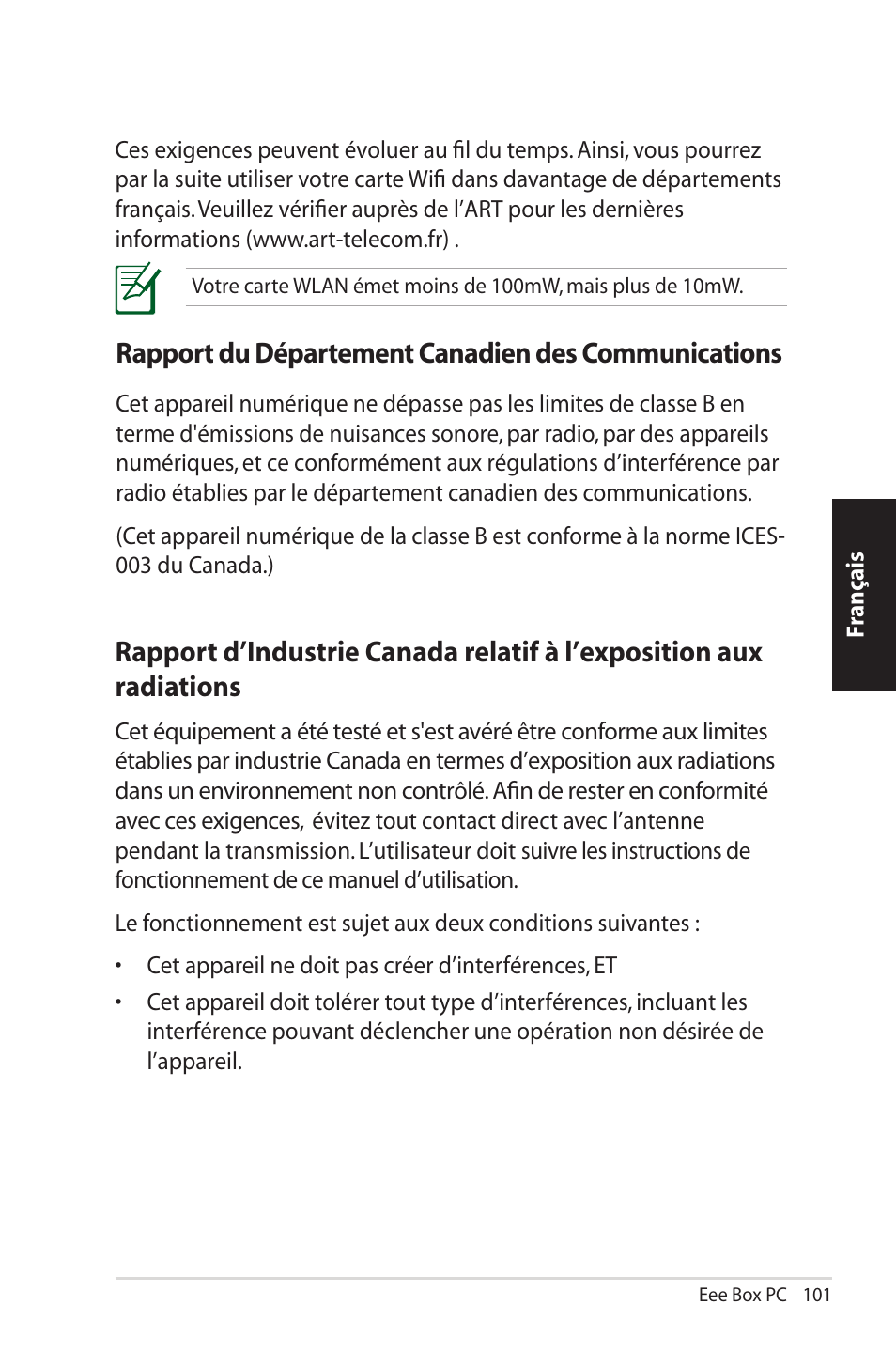 Rapport du département canadien des communications | Asus EB1012U User Manual | Page 101 / 325