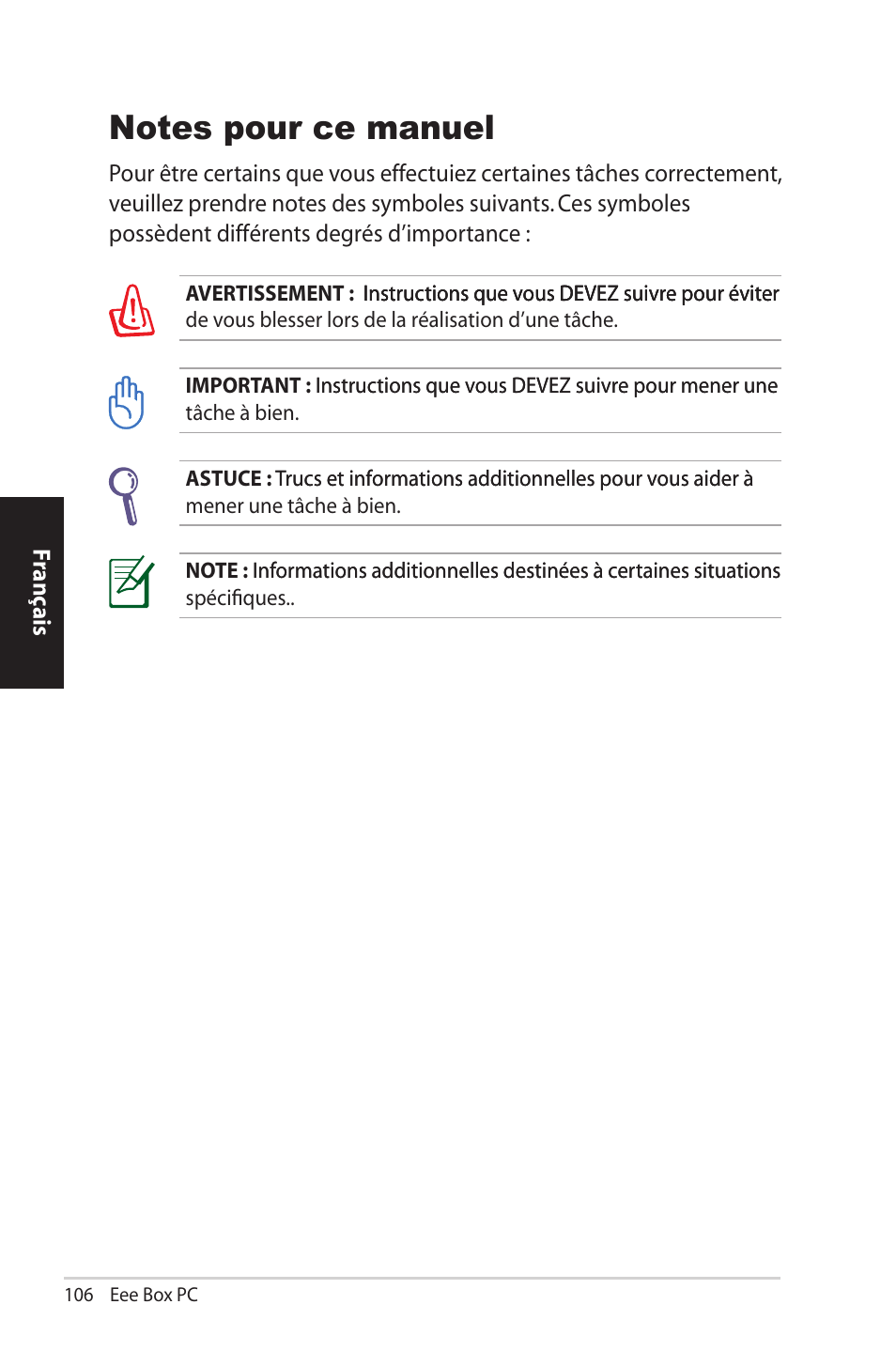 Notes pour ce manuel | Asus EB1012U User Manual | Page 106 / 325