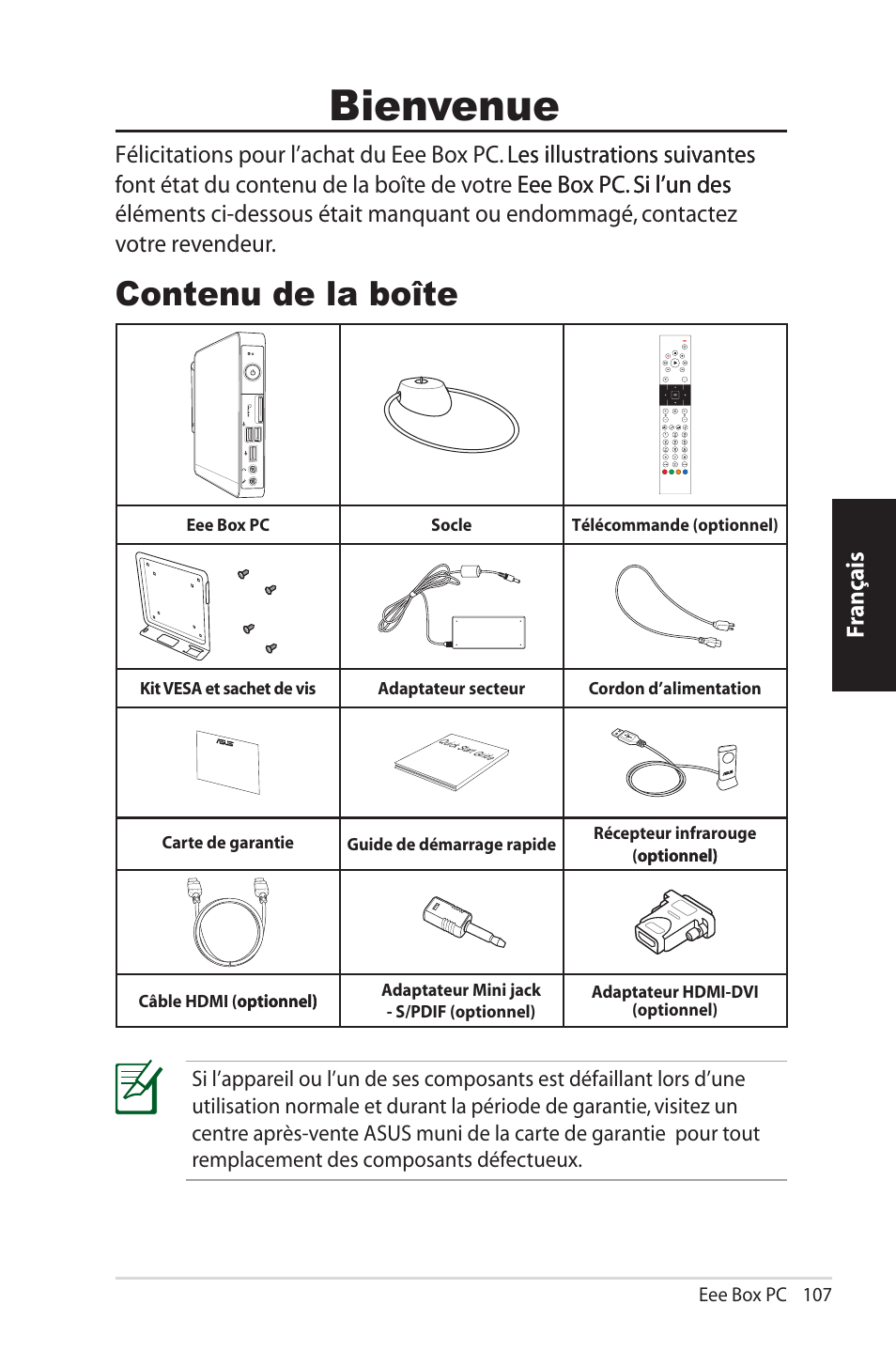 Bienvenue, Contenu de la boîte, Fr ançais | Asus EB1012U User Manual | Page 107 / 325