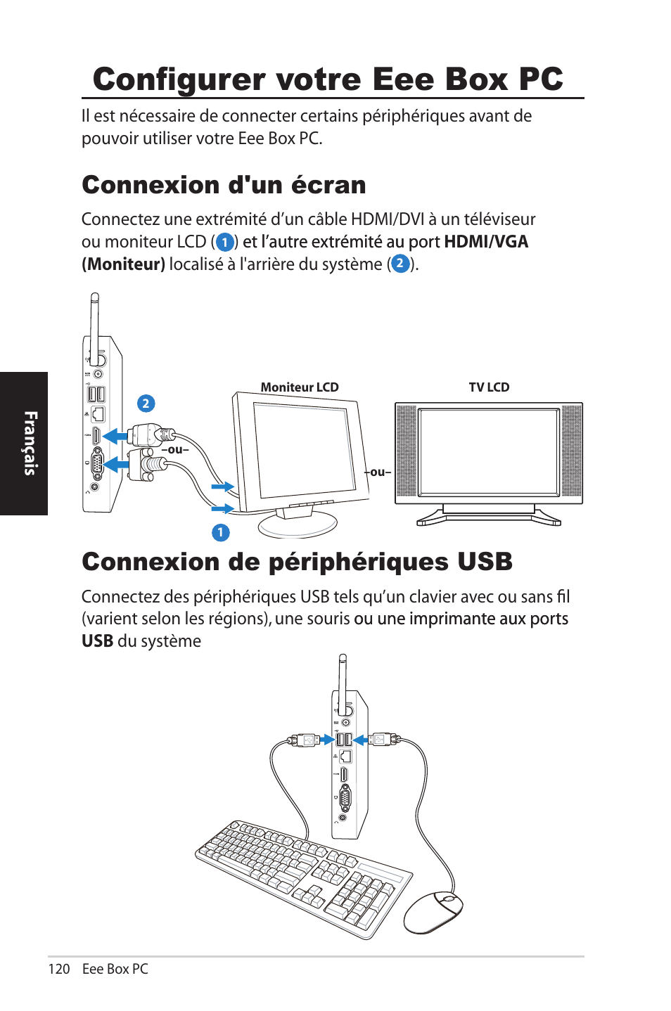Configurer votre eee box pc, Connexion d'un écran, Connexion de périphériques usb | Asus EB1012U User Manual | Page 120 / 325