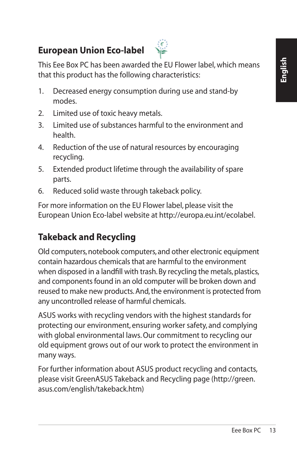 European union eco-label, Takeback and recycling | Asus EB1012U User Manual | Page 13 / 325