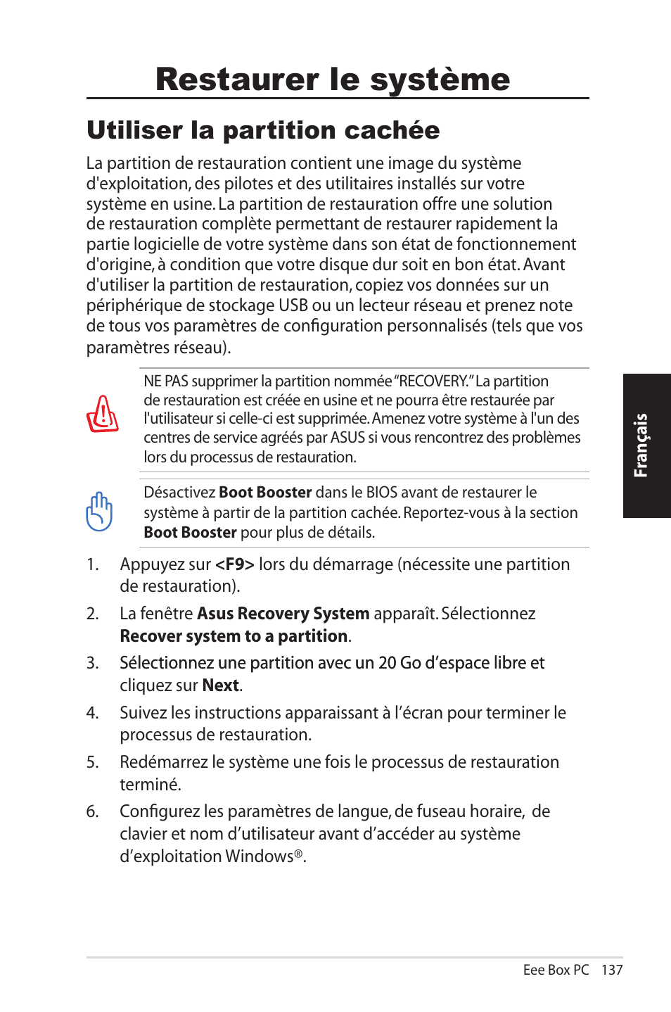 Restaurer le système, Utiliser la partition cachée | Asus EB1012U User Manual | Page 137 / 325